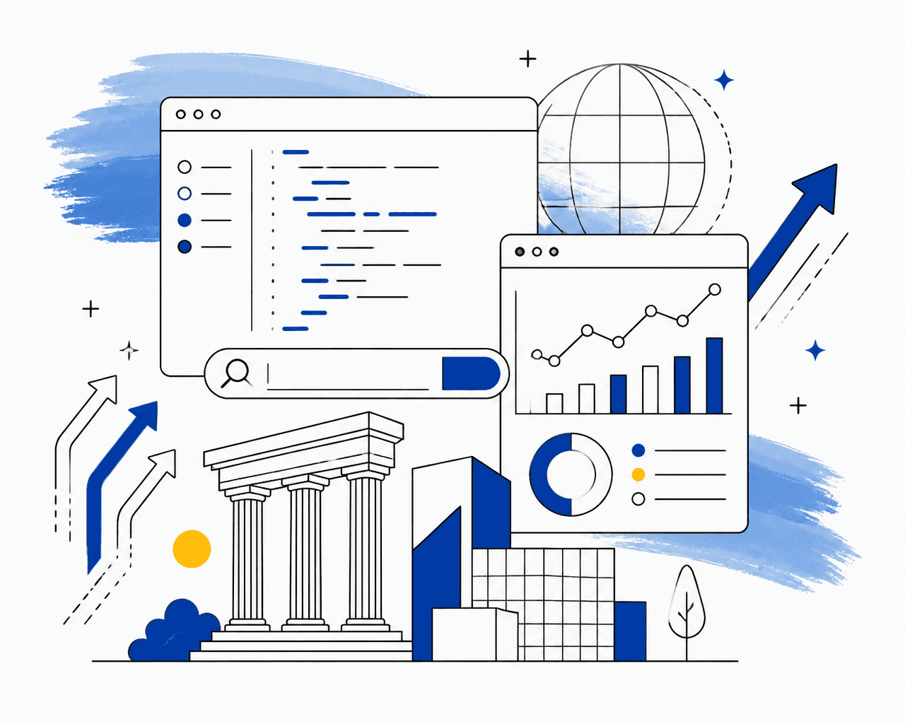 Line-art illustration of browser windows, a search bar, analytics charts, architectural blocks and upward arrows