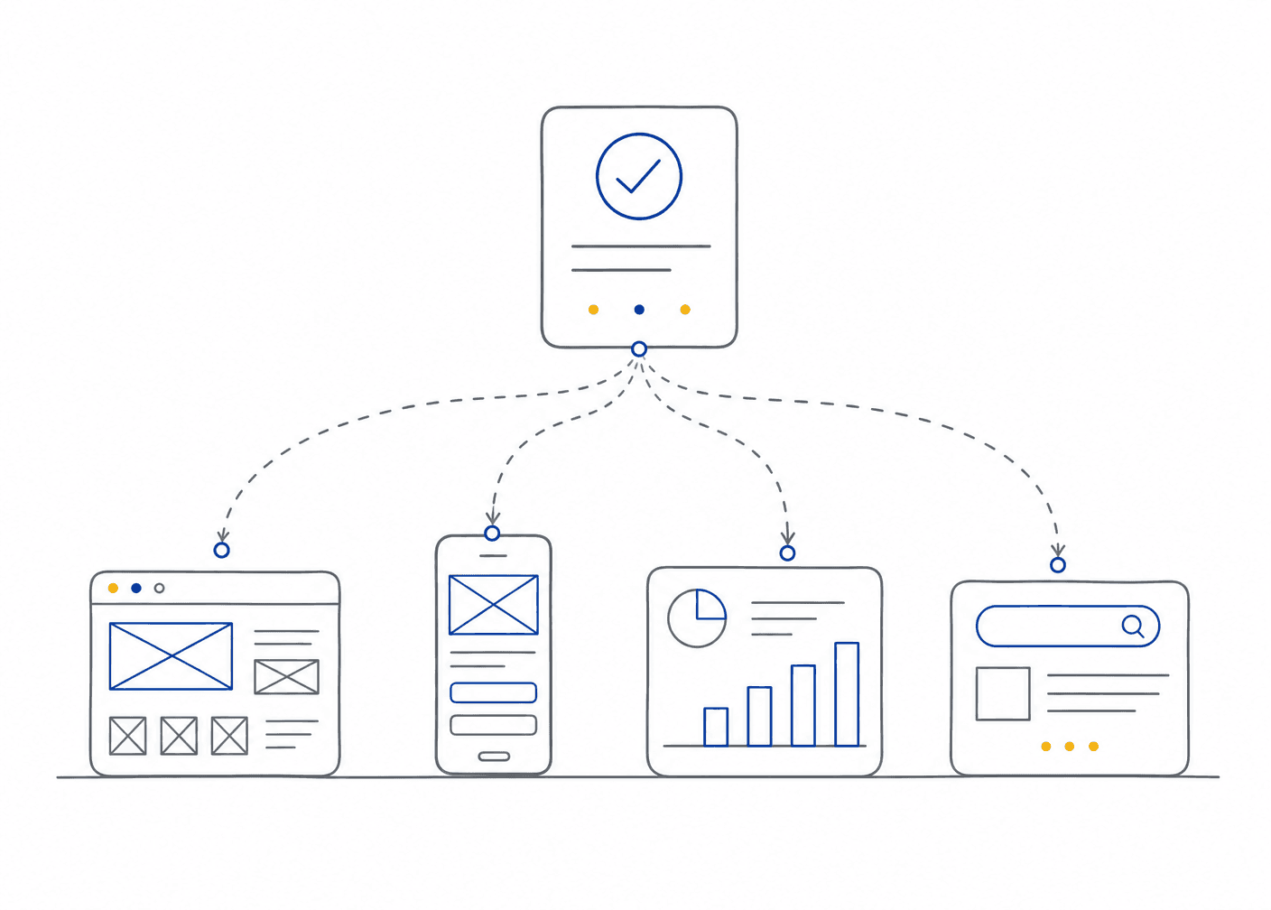 Line illustration of one approved plan branching into a website, mobile app, analytics dashboard and search listing