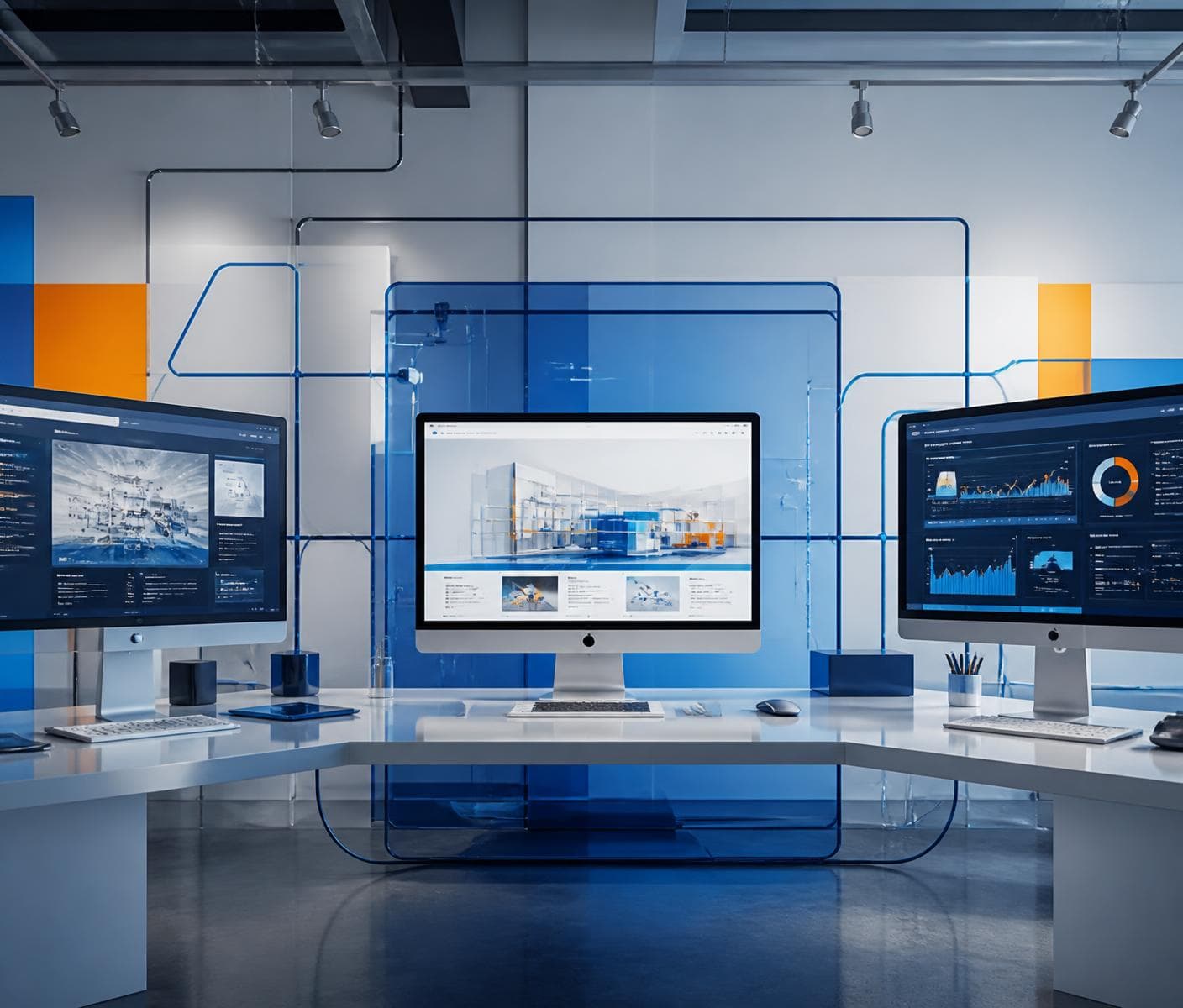 Connected digital workspace with screens for website building, experience design and growth analytics